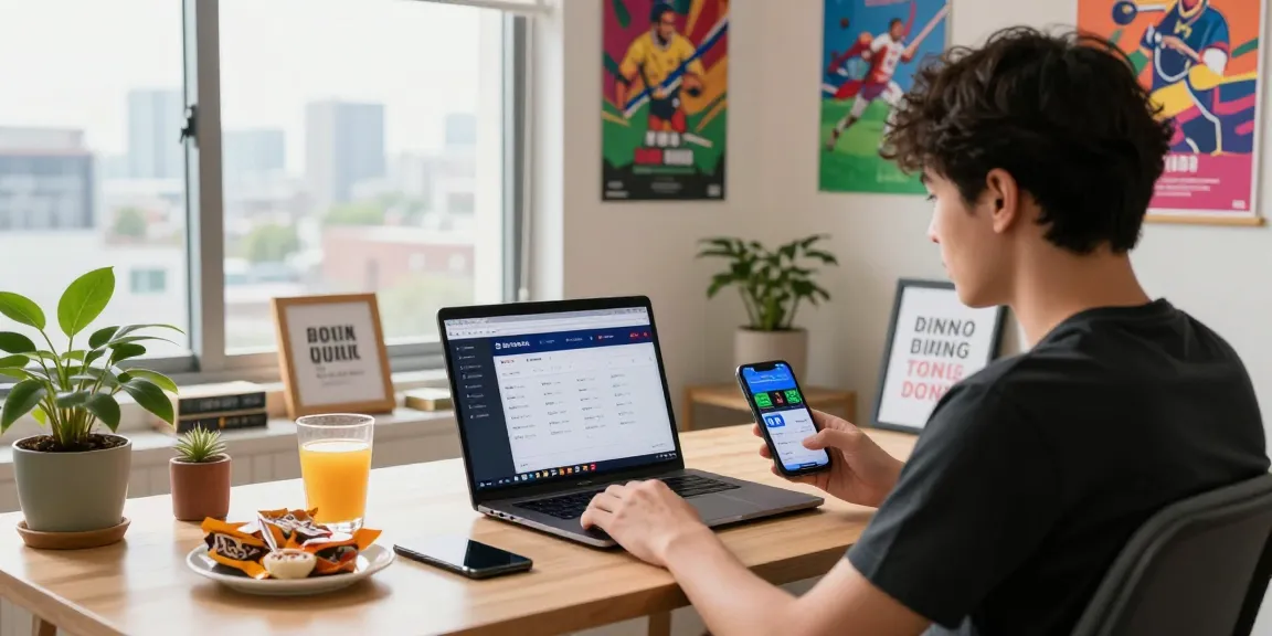 Engaging home office scene showing 토토사이트 platform on laptop, live sports betting setup.