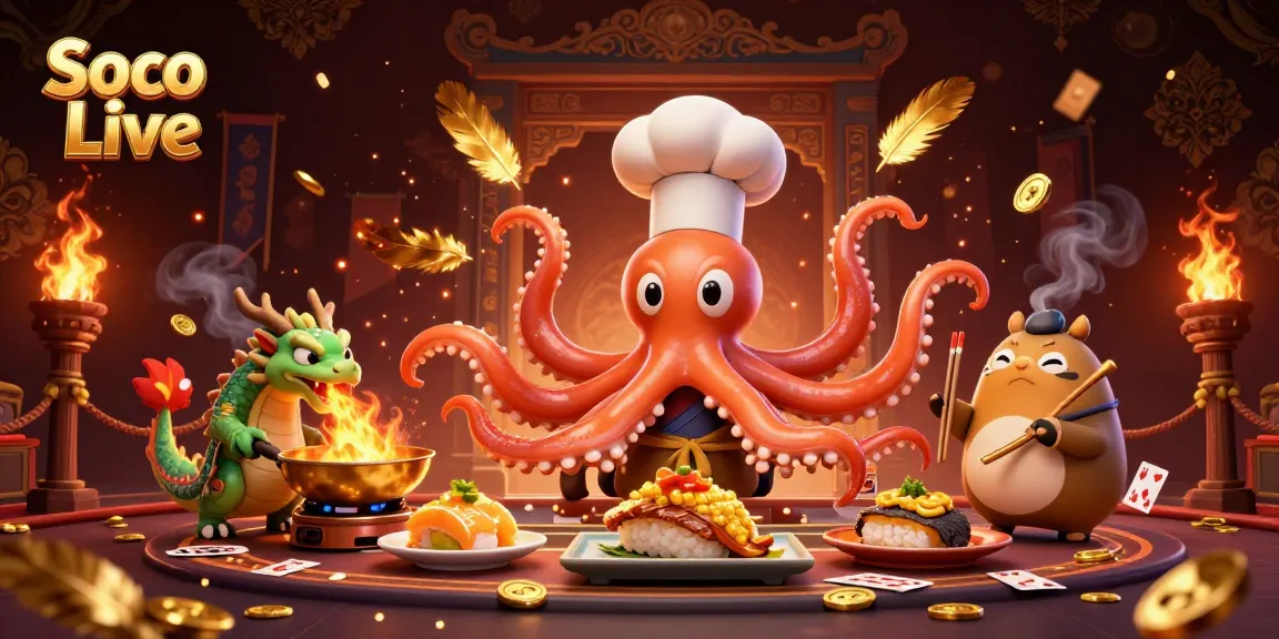 Soco Live showcases a vibrant 3D scene with dynamic casino elements featuring live dealer games and golden dishes.