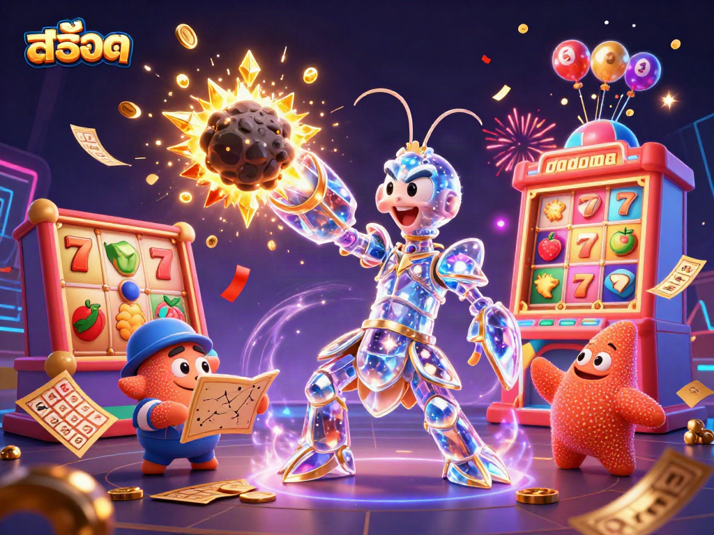 Engaging scene of สล็อต gameplay with dynamic slot reels, lucky symbols, and treasures exploding in a colorful casino