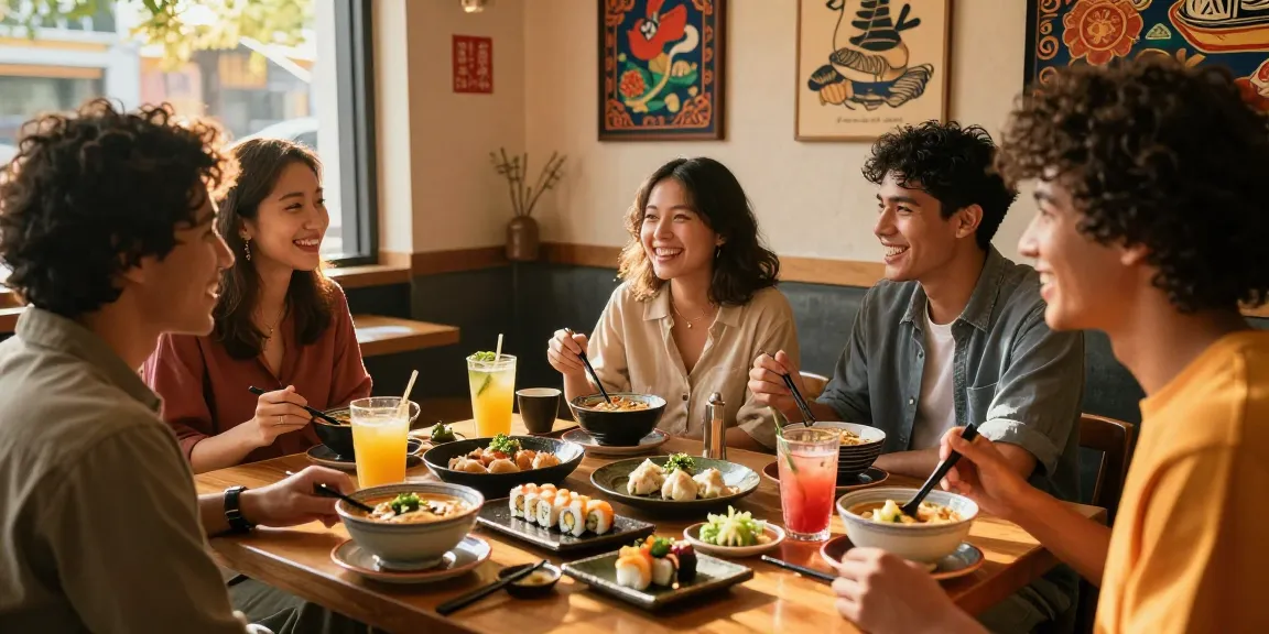 Enjoying diverse Asian cuisine and culture at https://hanadultalk.com with friends in a cozy café setting.