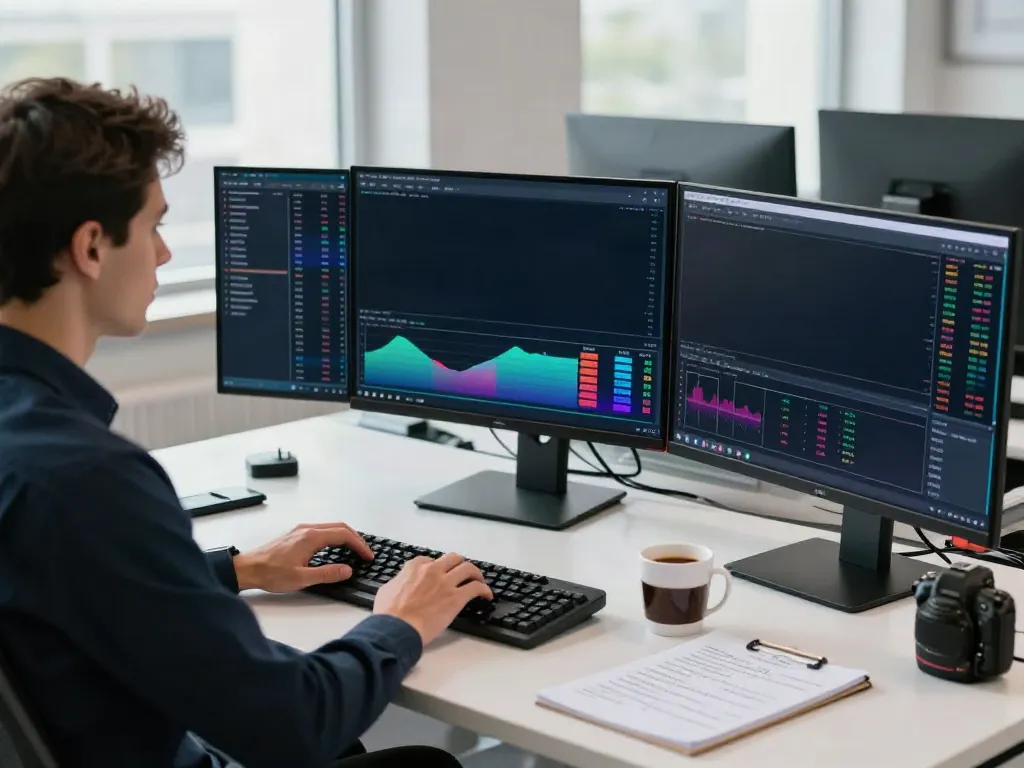 Trader analyzing multiple charts at their workstation with tradingview官网 displayed, showcasing a professional trading environment.