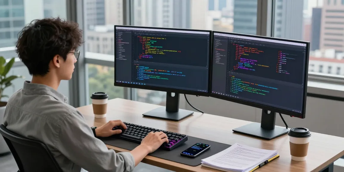 Developer coding on dual monitors in a modern office, showcasing 纸飞机中文版 apps in use.