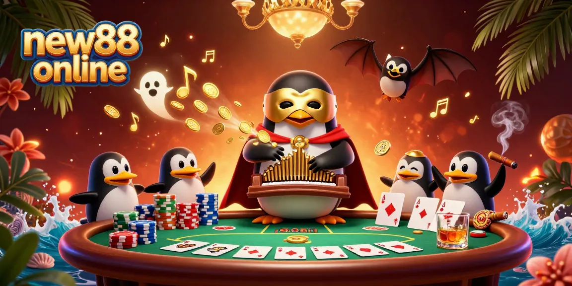 Experience thrilling new88 online gameplay with a vibrant 3D illustration of a penguin playing an organ.