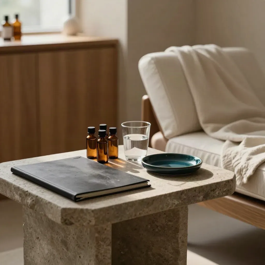 Consult nook with folder, amber vials, water glass, and linen chair in soft window light.
