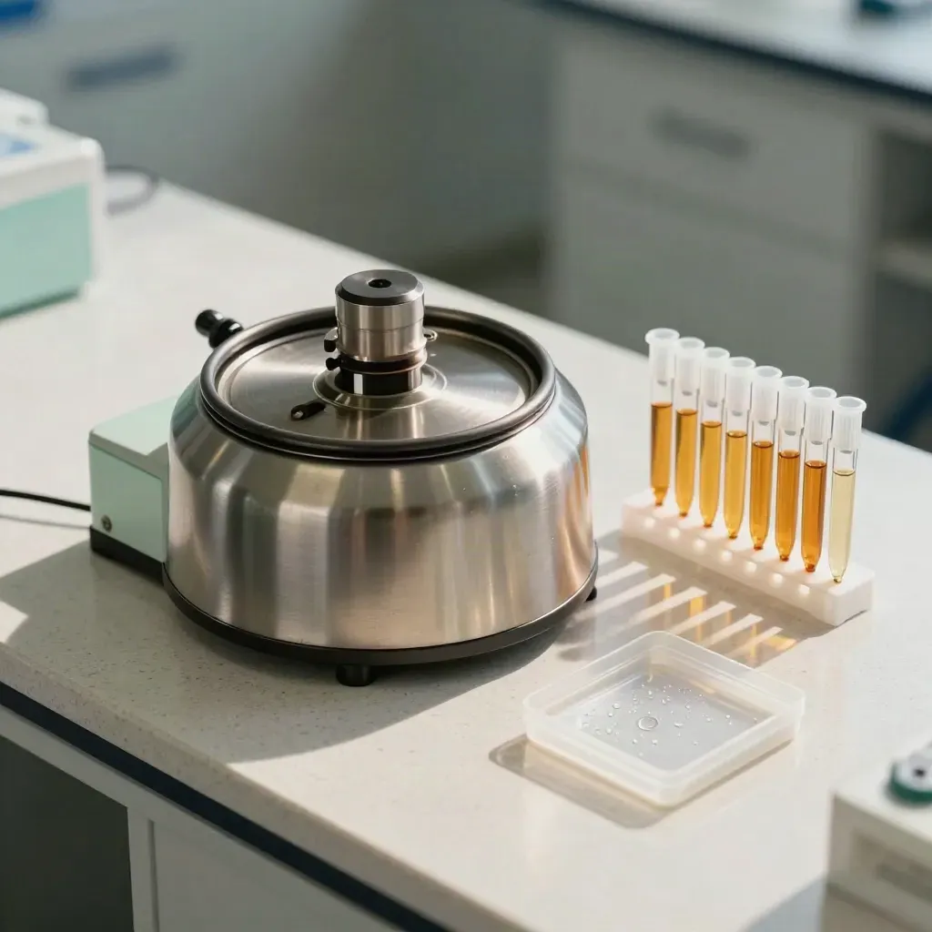 Centrifuge rotor with amber specimen tubes, tip rack and sealed assay tray on a lab bench.