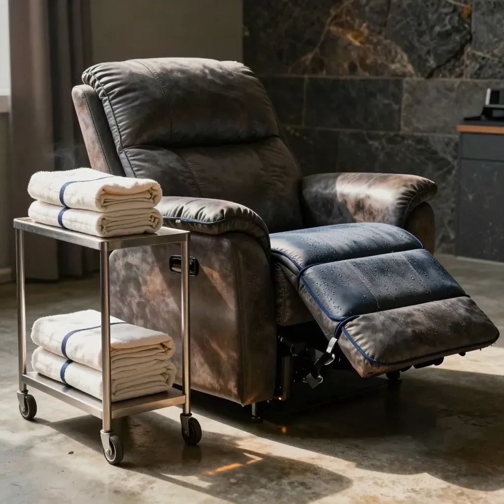 Recovery recliner, chilled compresses, stainless cart, and linen wraps in a cozy clinical bay.