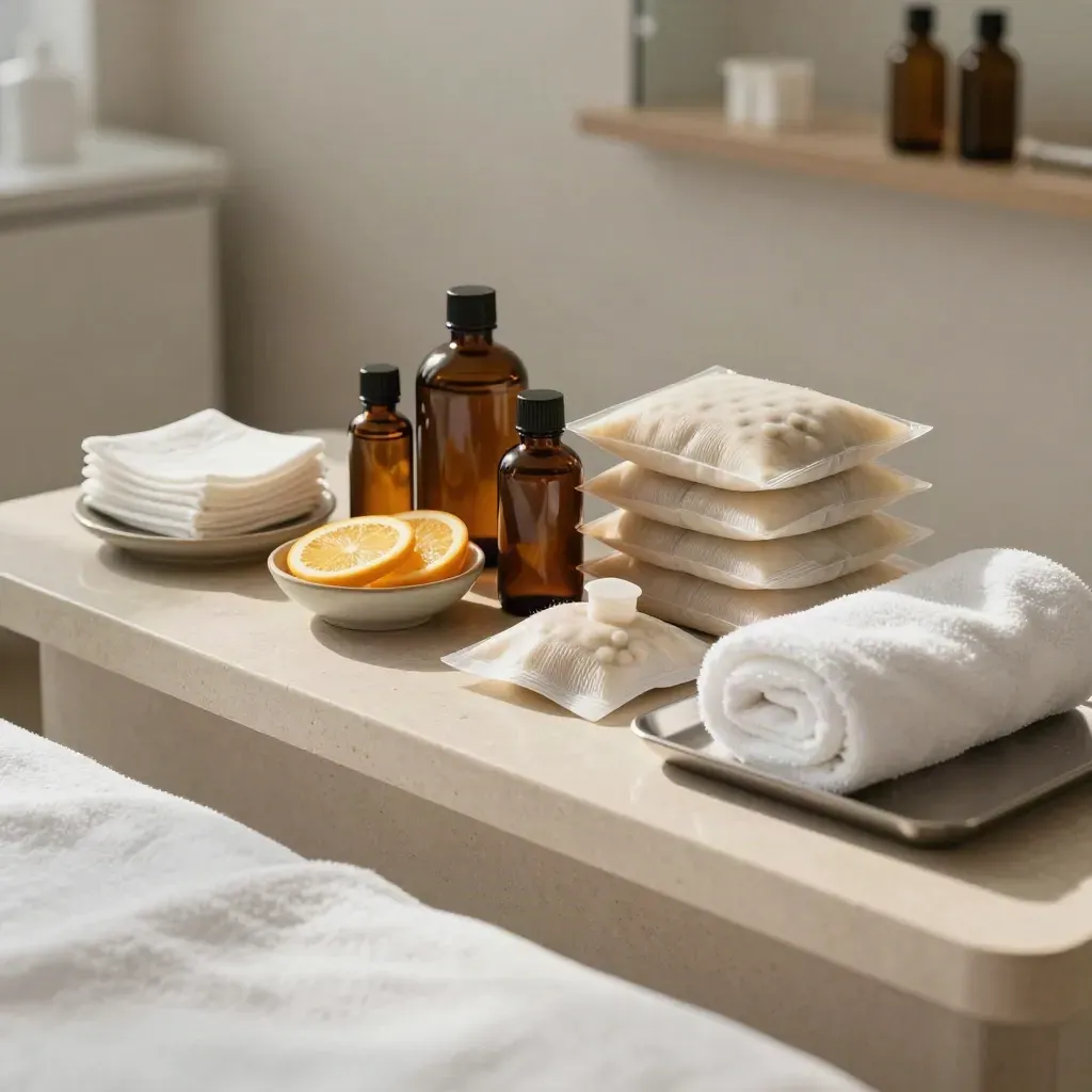 Cooling gel packs, amber bottles, citrus slices, and gauze on a clinic counter