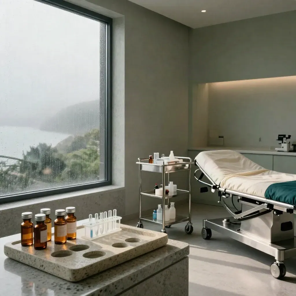 Regenerative-care suite with biomarker vials, treatment bed, and morning coastal mist.