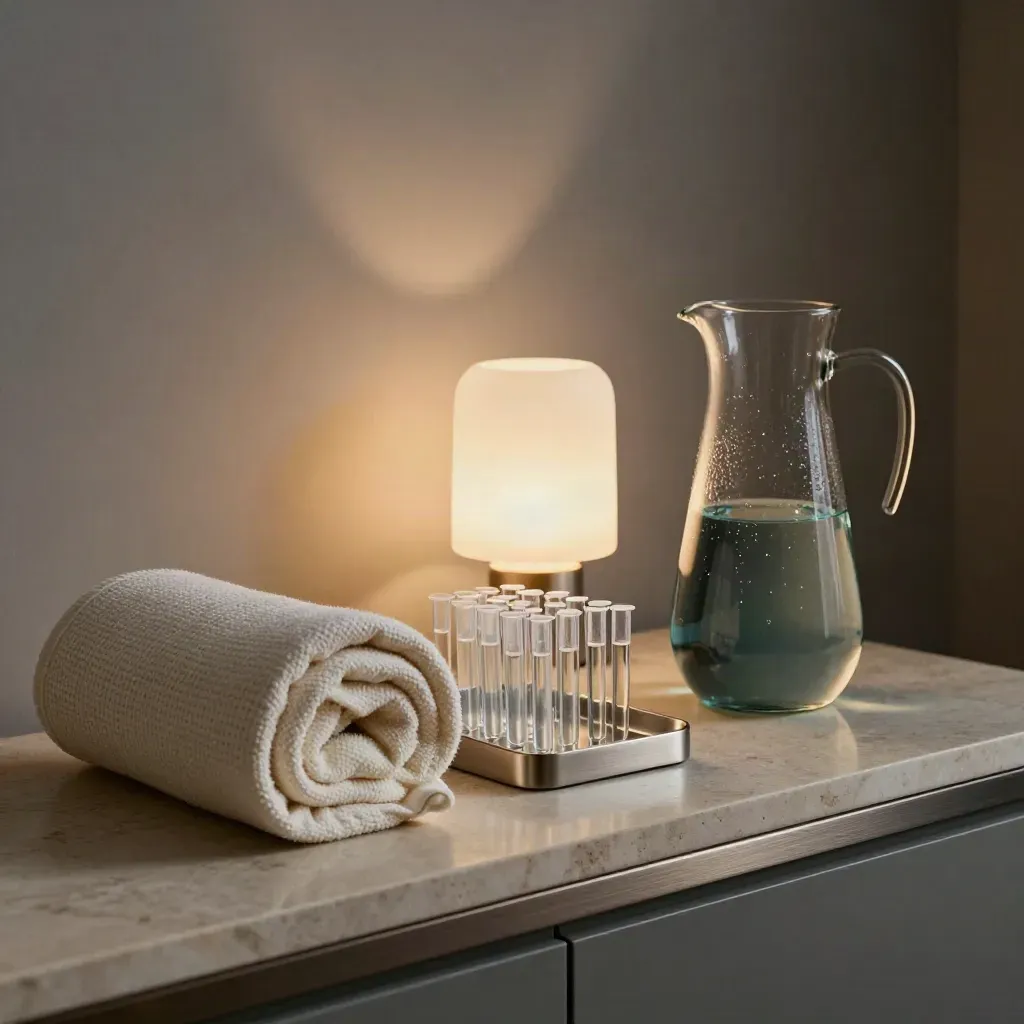 Post-care shelf with blanket, sample tubes, lamp and glass pitcher in moody teal light