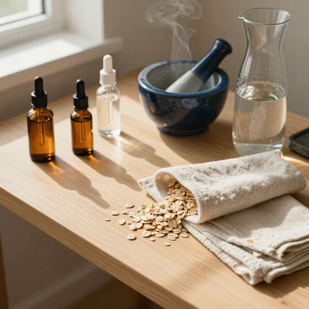 Overhead wellness shelf with bottles, a navy mortar, carafe and linen towel on oak