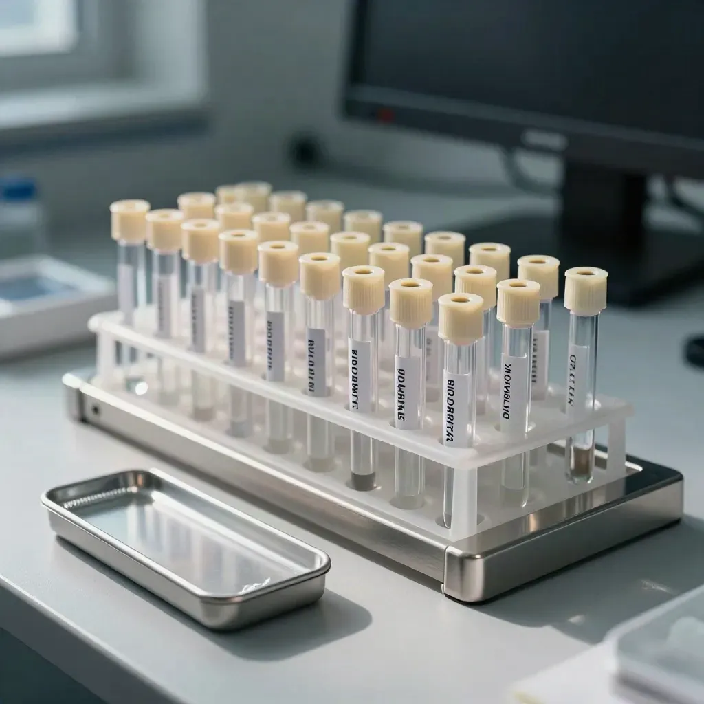 Biomarker tubes and sealed analysis tray on a clean lab bench