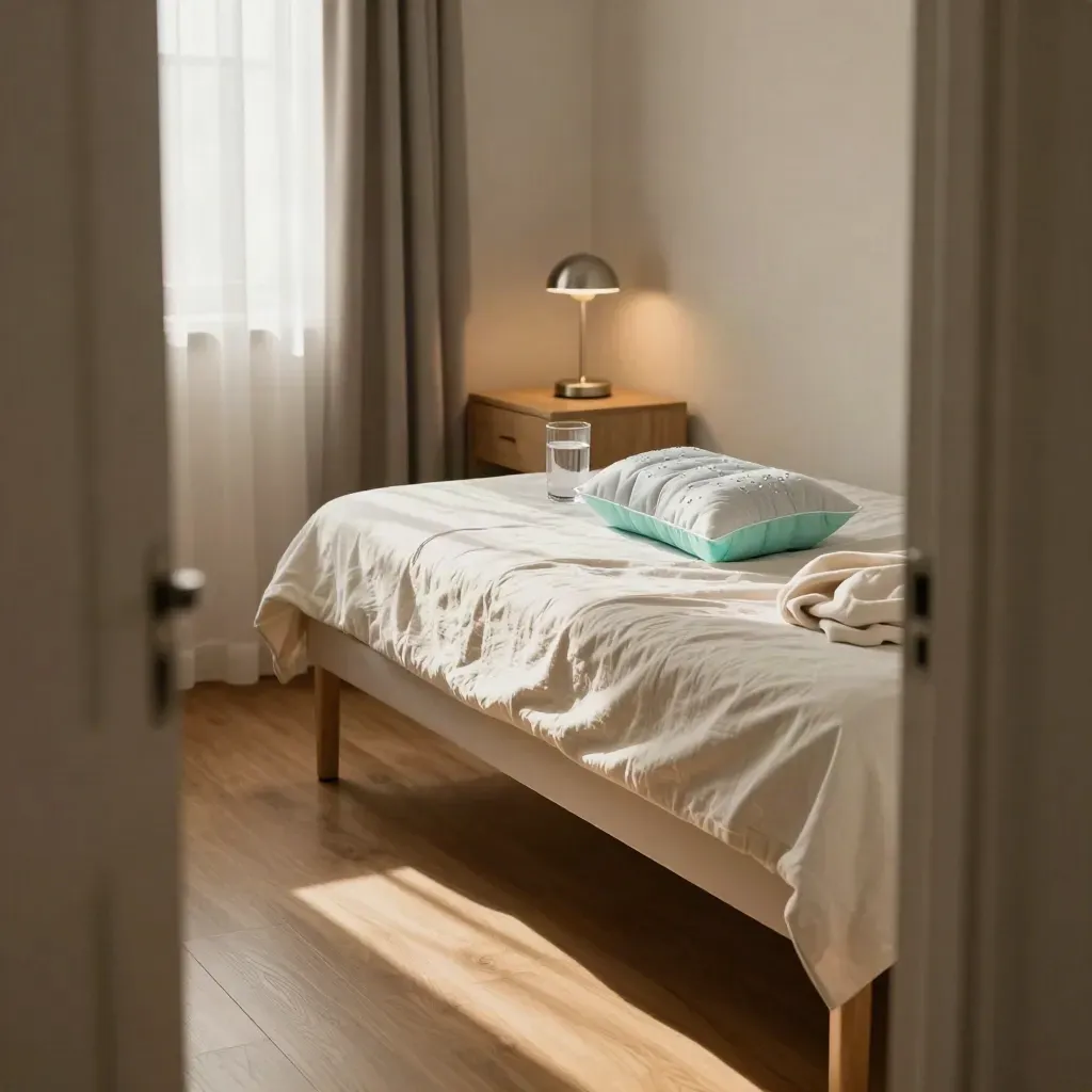 Quiet recovery bedroom with linens, cooling packs, water carafe and lamp in warm morning light
