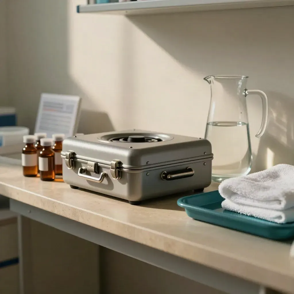 Diagnostic shelf with peptide vials, centrifuge case, glass pitcher, towel, and teal accent in a calm exam room.