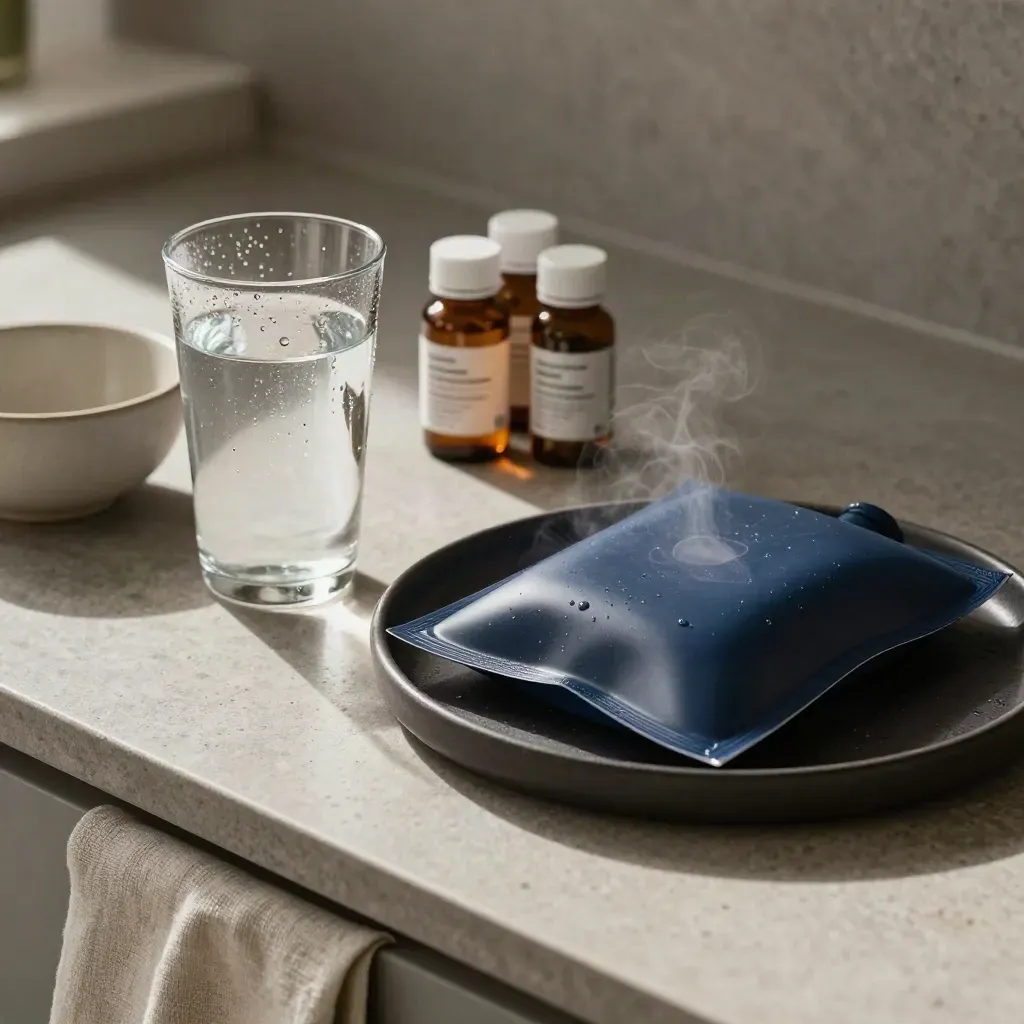 Chilled water, supplement bottles, ceramic bowl, and cooling gel pack on a navy counter