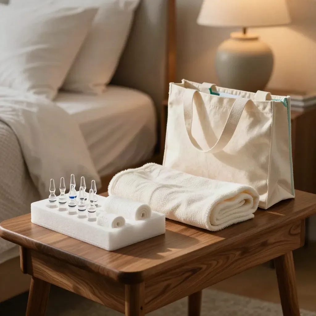 Home care kit with vials, gauze, blanket and tote on a bedside bench in warm lamp light.