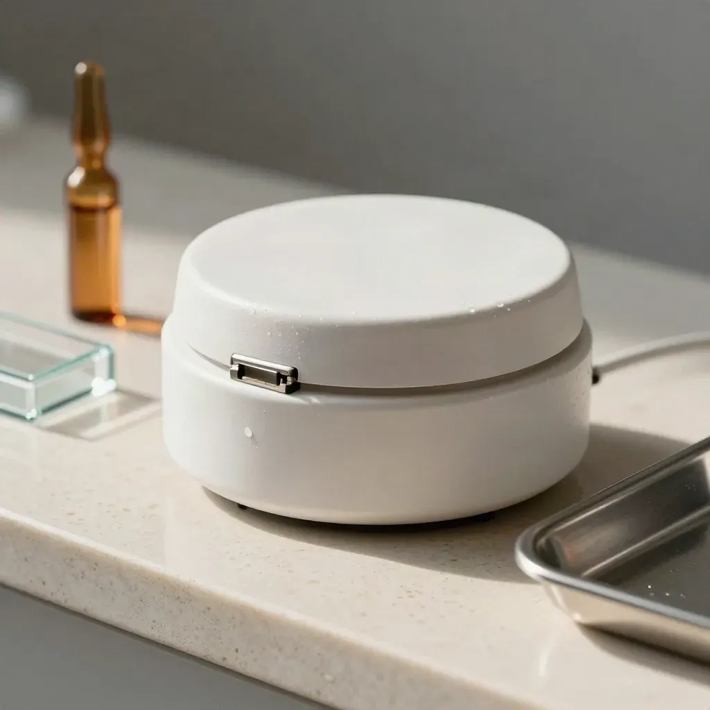 Macro lab still life with centrifuge lid, amber ampoule, slide box and tray on travertine.