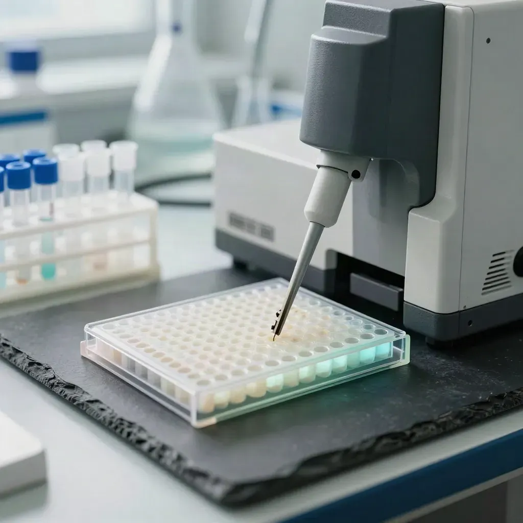 Assay plate, tip rack, microtubes, and analyzer housing on dark slate in a biotech lab