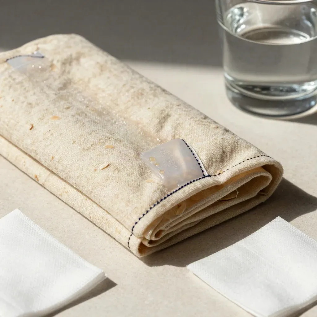 Linen wraps, cooling pack, gauze and glass tumbler on cream stone with navy accents.