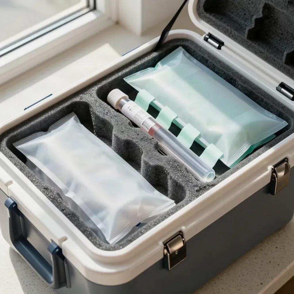Top-down clinical cooler packed with gel packs, sample tubes and mint tamper bands in cold daylight.