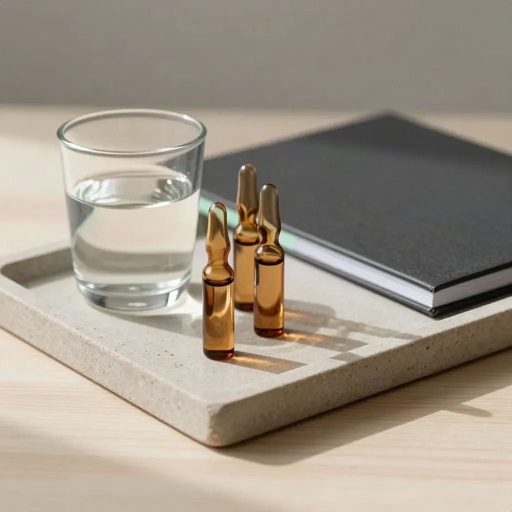 Amber vials, water glass, and soft folder on a stone tray with mint accent