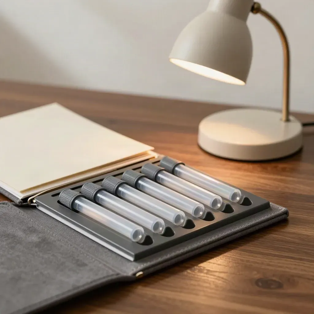 Charcoal record binder, sample tubes, and a matte lamp on walnut, softly lit.