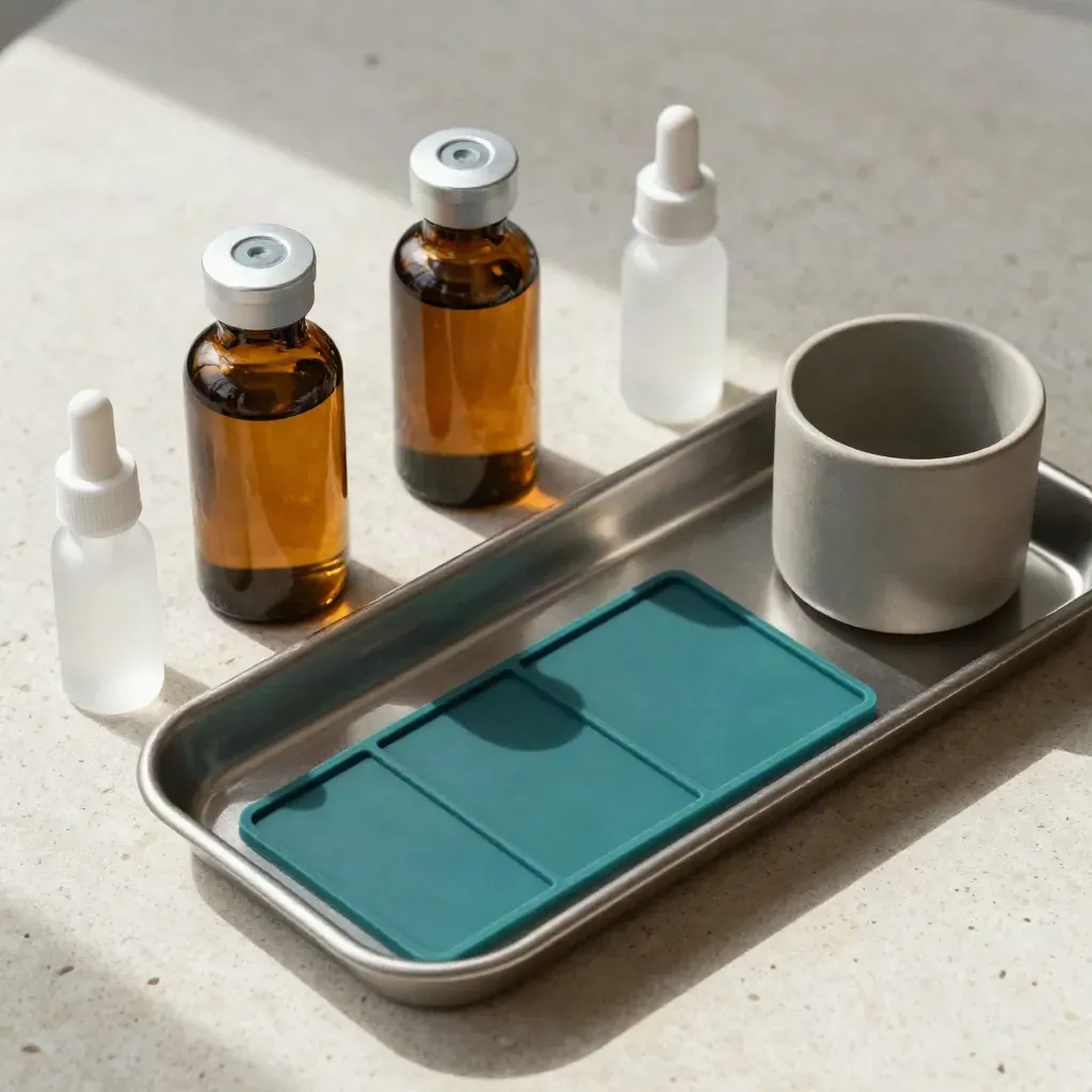 Overhead dosing kit on pale stone with amber bottles, ceramic cup, and steel tray.