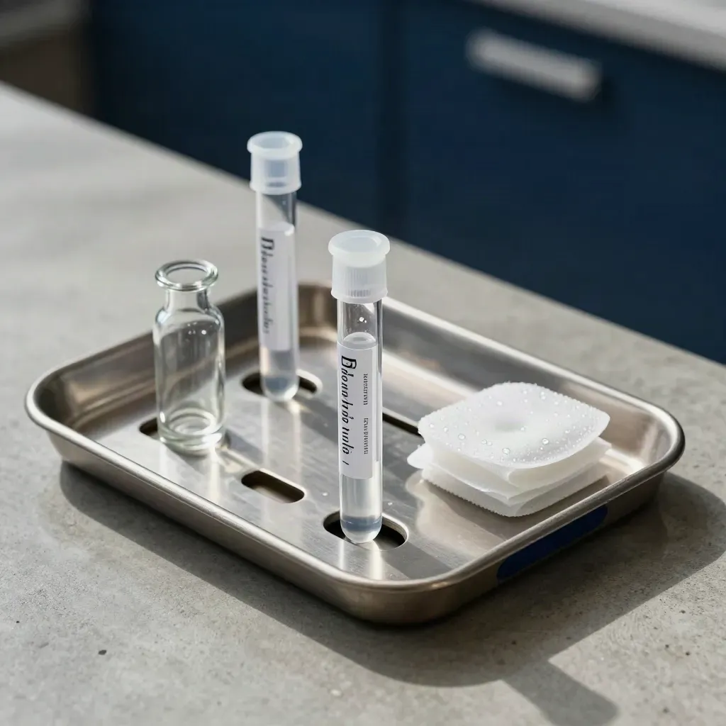 Sample tubes, cooling compress, and vial stand on brushed steel in a cool biotech still life.