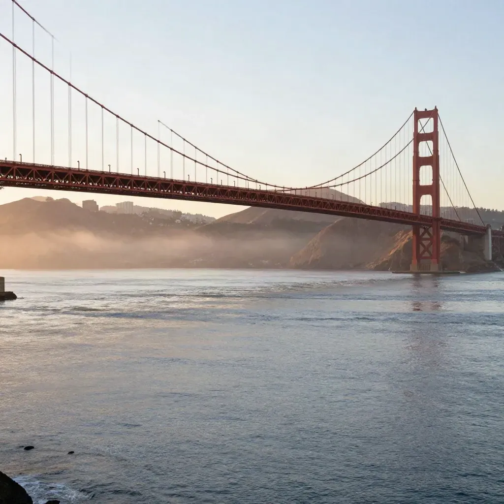 Golden Gate Bridge above foggy bay water at sunset with calm copy space