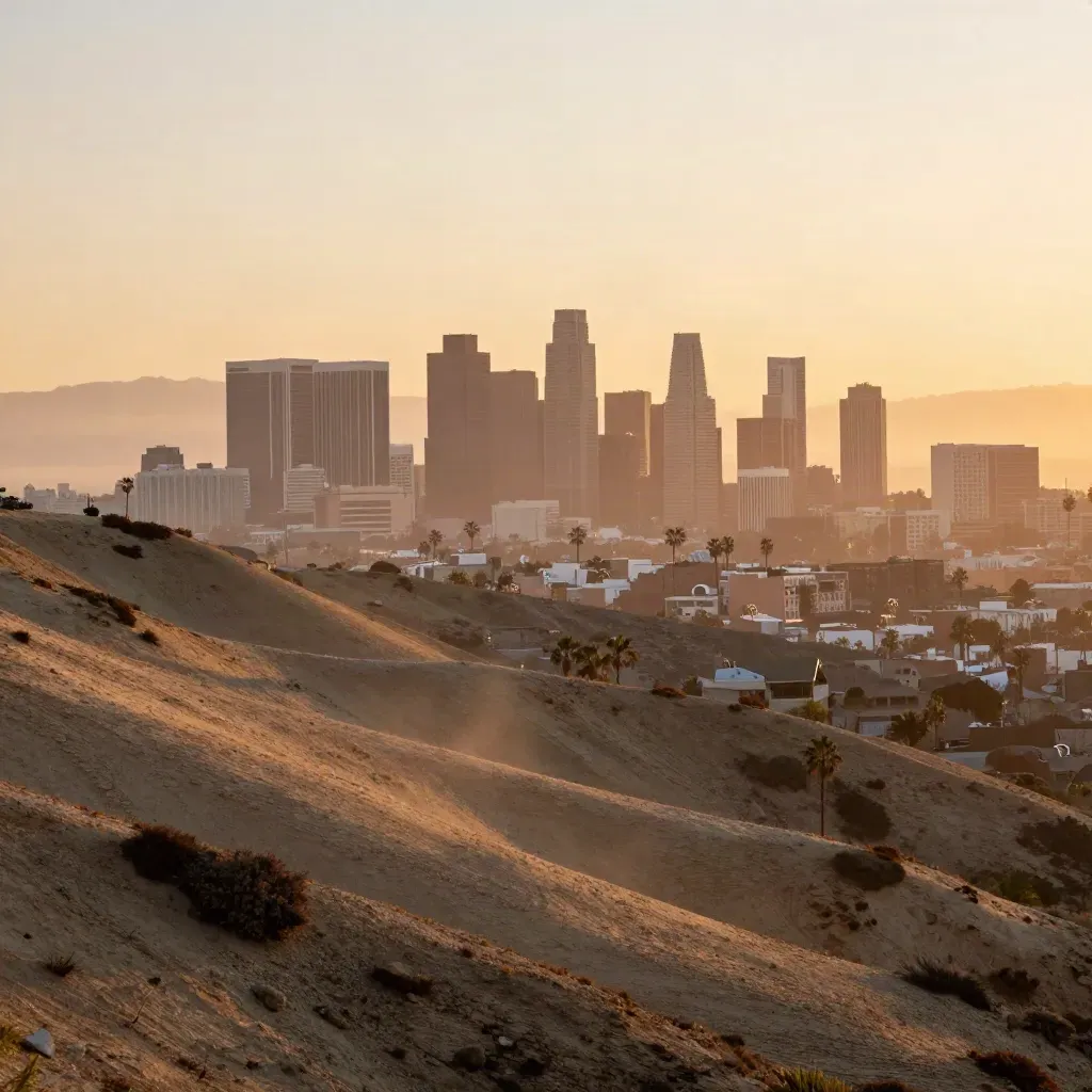 Hazy downtown Los Angeles skyline at sunset above a calm ridge foreground