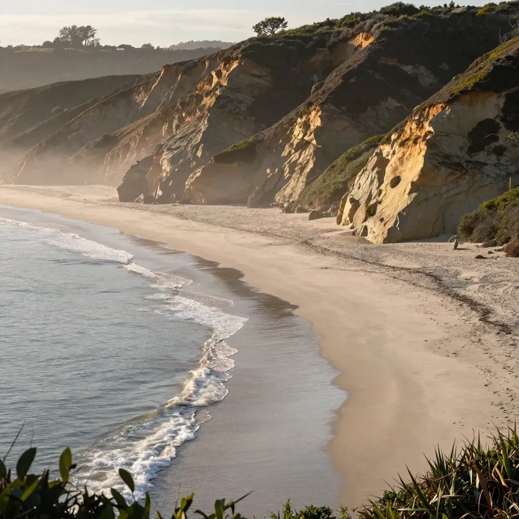 High coastal bluffs over calm surf and mist with open space for headline copy.