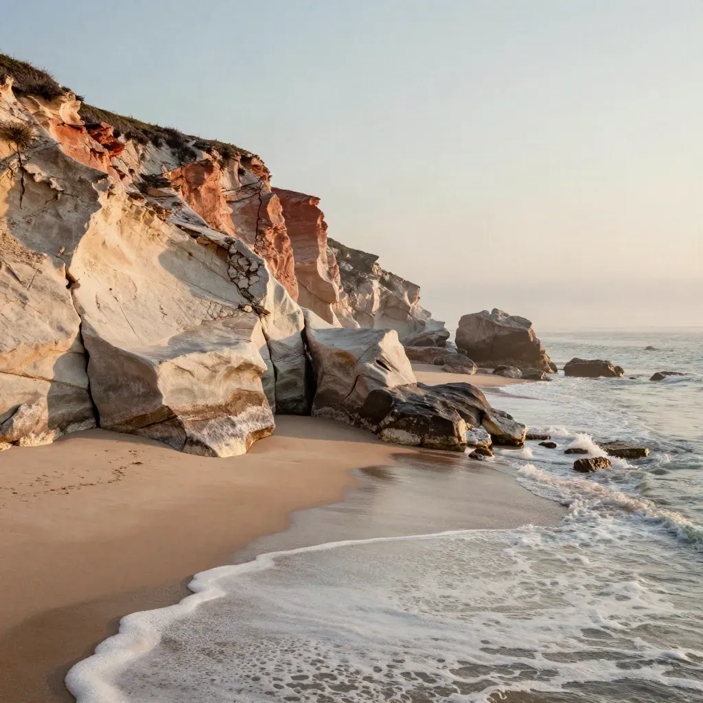 Sunlit San Diego bluffs above pale surf and misty sand at warm dusk.