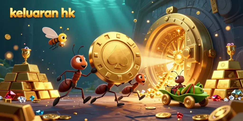 Keluaran hk dengan tim semut kartun mencuri chip poker emas raksasa dalam cahaya kemerlap.