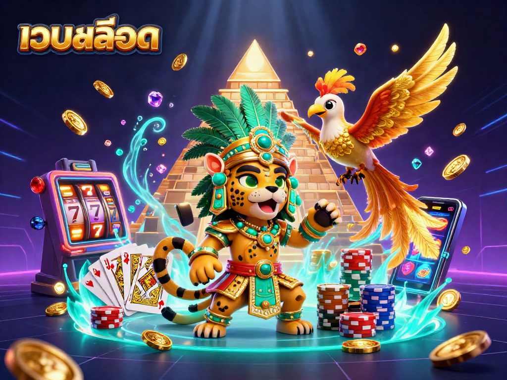 Experience เว็บสล็อต excitement with a Mayan priest, quetzal bird, and dynamic casino elements.