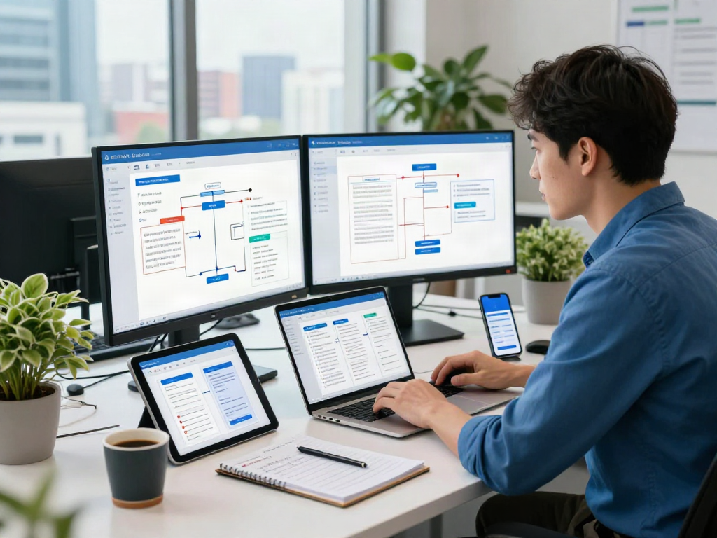 Document fraud detection software interface displayed on multiple screens in a tech-focused office environment.