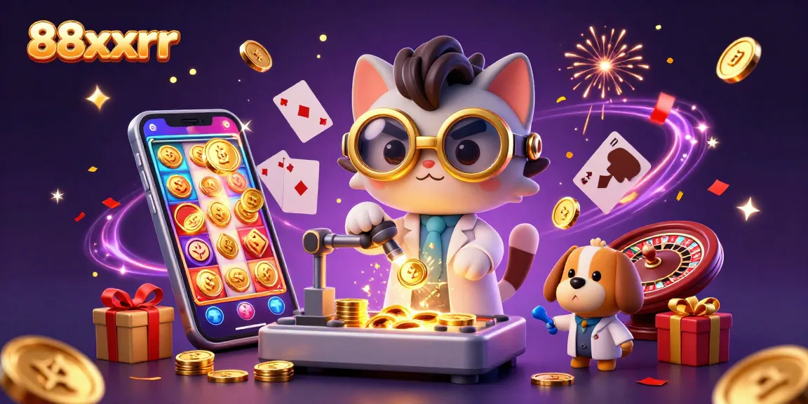 Engage with 88xxrr as a cartoon mad scientist cat conjures casino gold amidst vibrant gaming elements.