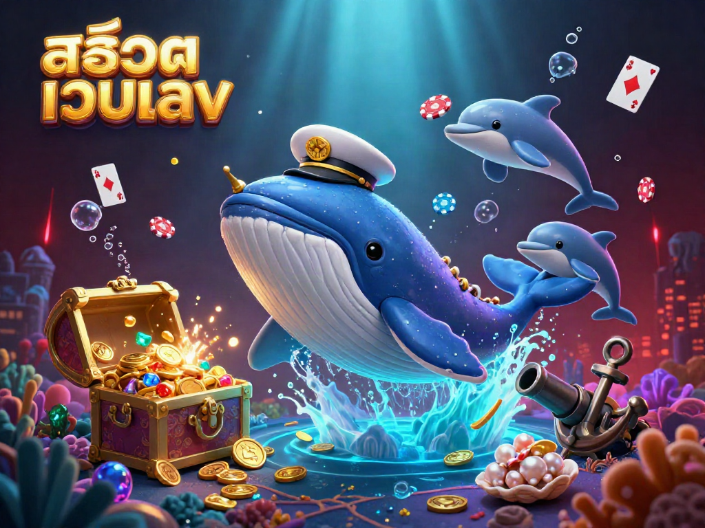Experience สล็อตเว็บตรง adventures with a vibrant underwater casino scene featuring a whale and playful dolphins.