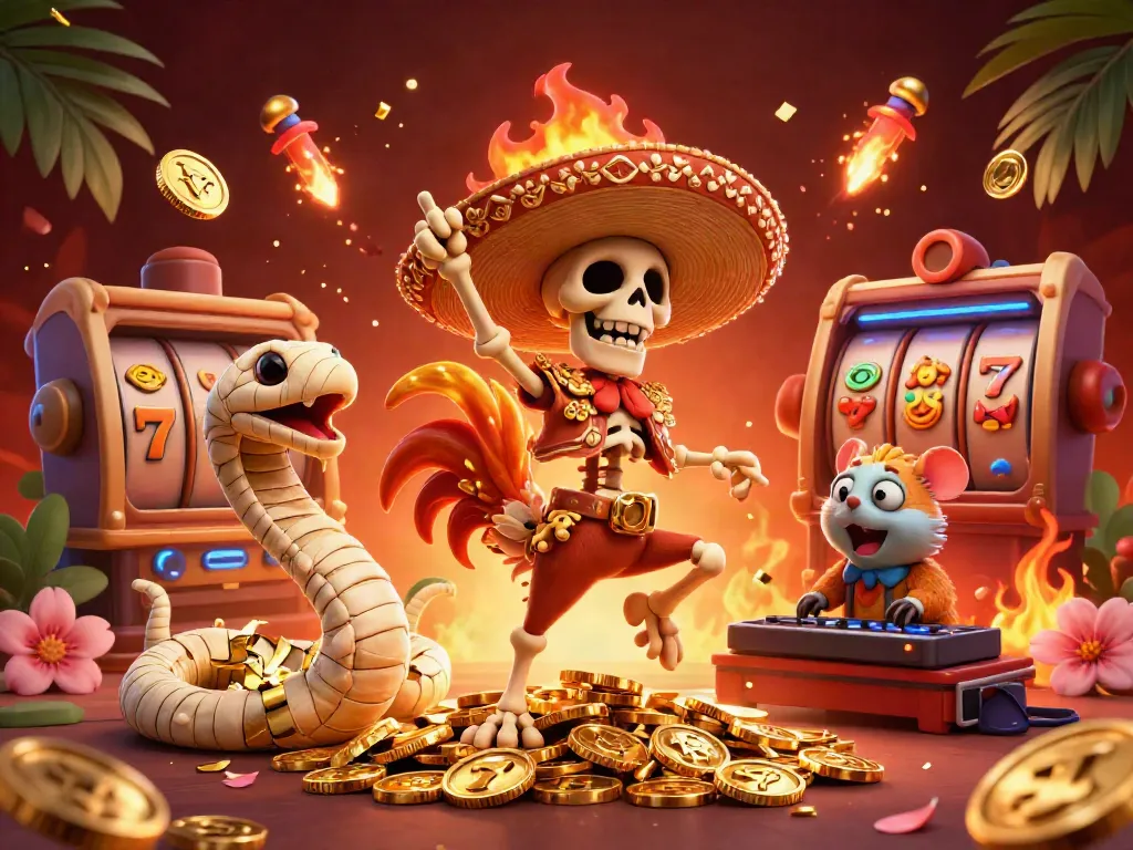 Permainan slot yang penuh warna dengan karakter kartun fiesta yang ceria dan elemen permainan kasino.