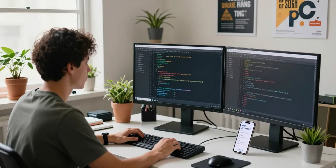 Creative tech workspace with a developer coding Telegram's 纸飞机中文版 on dual monitors.
