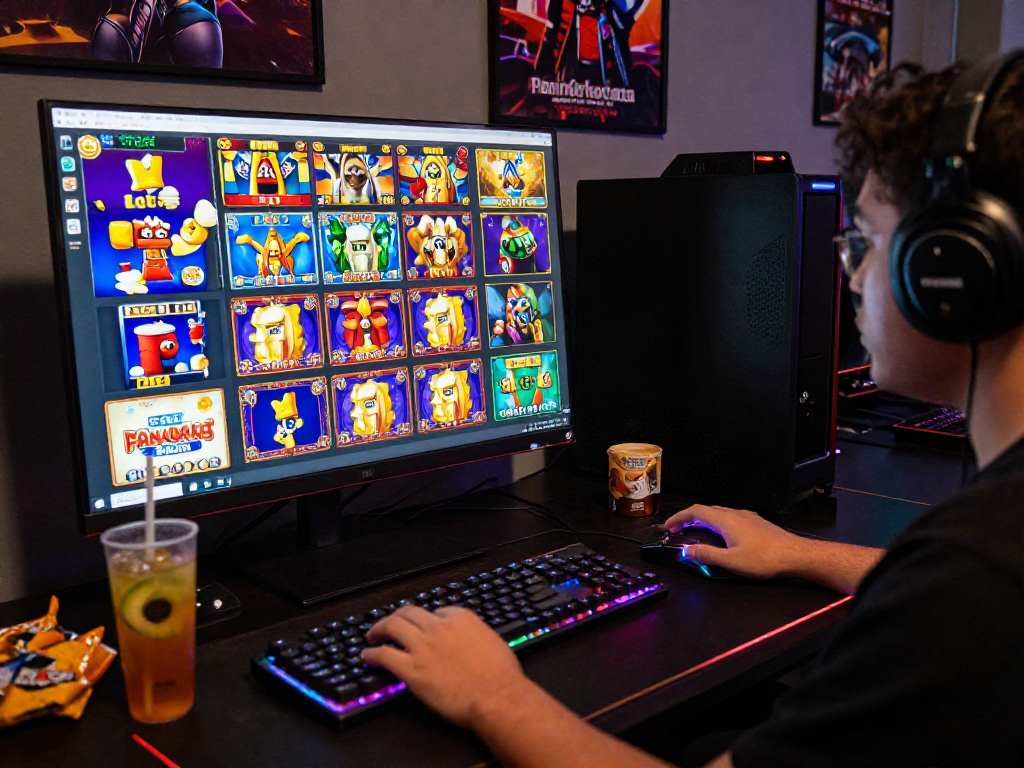 Player immersed in vibrant slot games on a trusted agen gacor platform showcasing colorful themes and features.