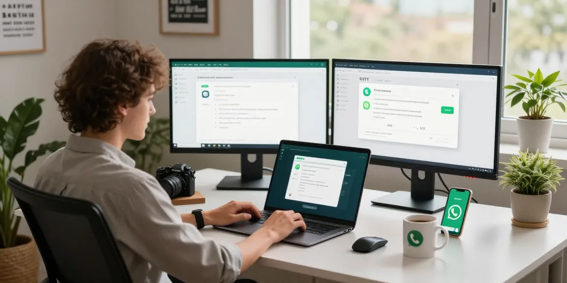 User engaging with WhatsApp網頁版 on a modern laptop in a bright office workspace.