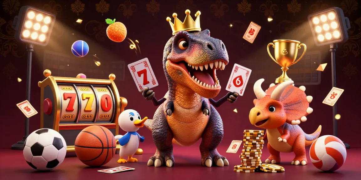 Engage with Luck8's dynamic casino scene showcasing a T-Rex shuffling cards in a vibrant, action-packed illustration.