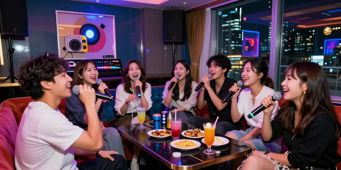 Enjoying a fun night at 강남노래방 with friends, vibrant atmosphere and drinks.