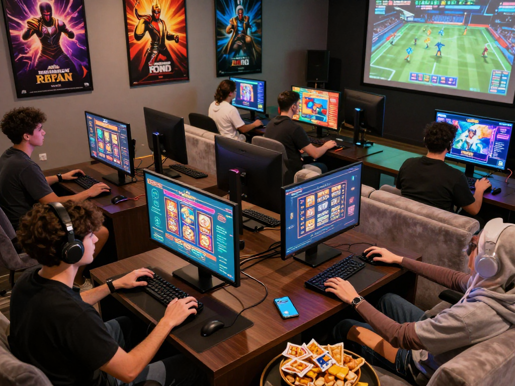 Engaged players enjoying diverse games on link raja328 platform, vibrant atmosphere highlighting excitement and technology.