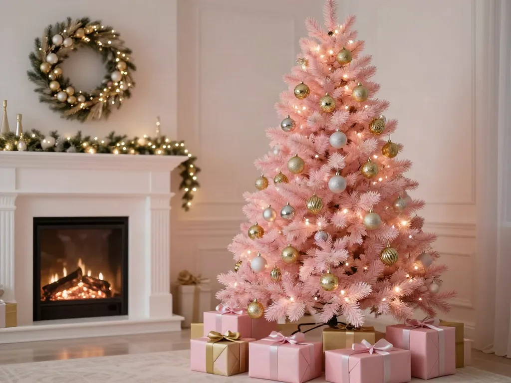 Stunning pink xmas tree decorated with gold ornaments, fairy lights, and gifts in a cozy living room.