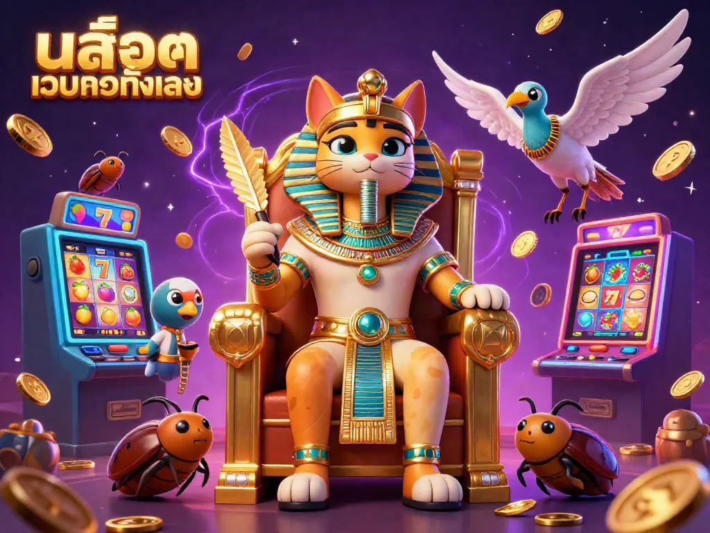 Experience the vibrant casino atmosphere withสล็อตเว็บตรงทั้งหมด featuring a pharaoh cat and ibis surrounded by slot symbols.