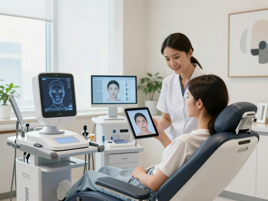 ClinicEvo better than QOVES facial analysis consultation in a modern clinic, showcasing technology and personalization.