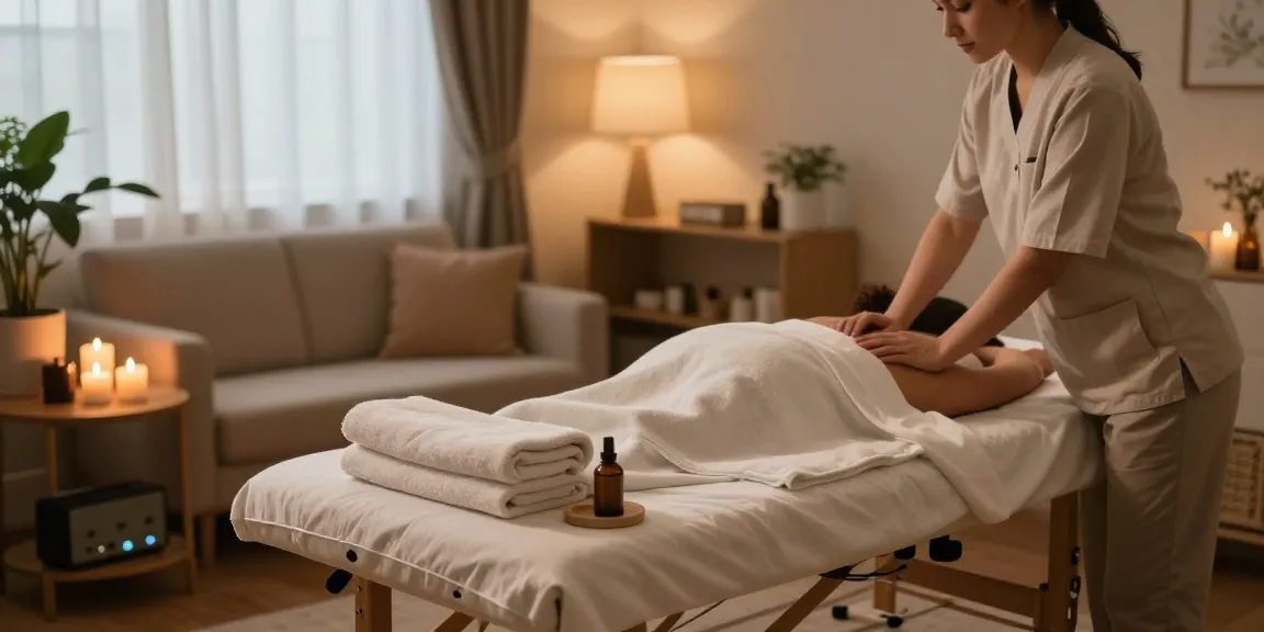 Relaxing and inviting home atmosphere for 성남출장마사지 with candles, essential oils, and a professional therapist preparing for a soothing experience.