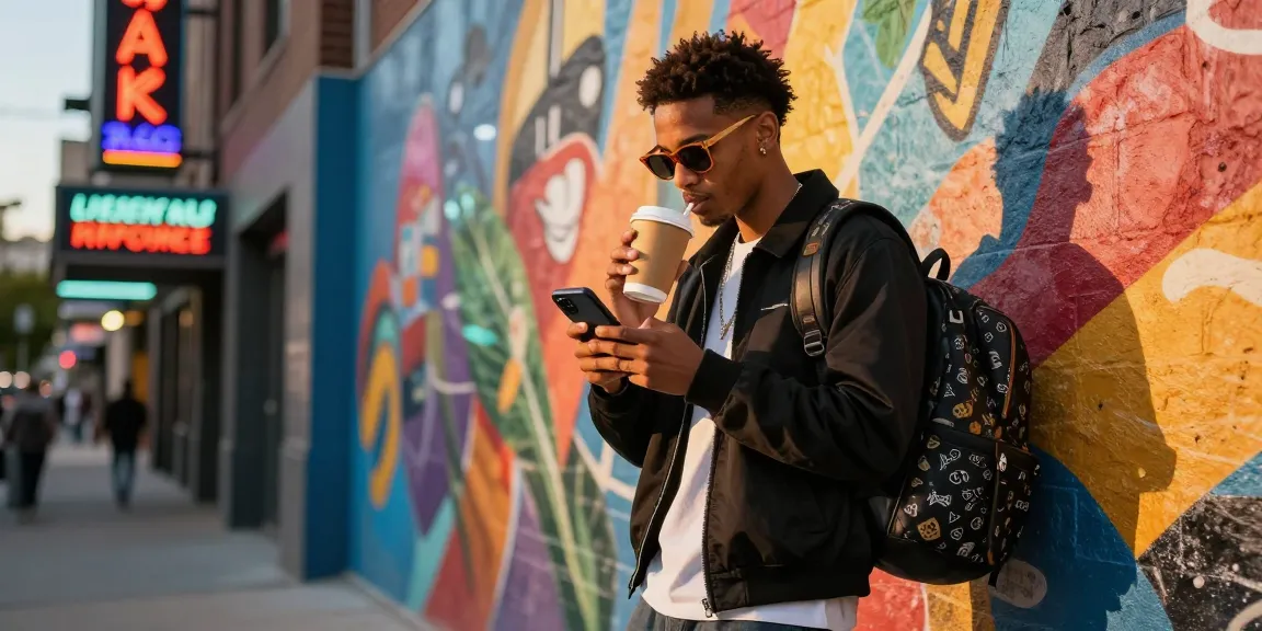 Gaya hidup urban dengan luxury111, individu dengan streetwear fashionable berinteraksi dengan smartphone di depan mural kota.
