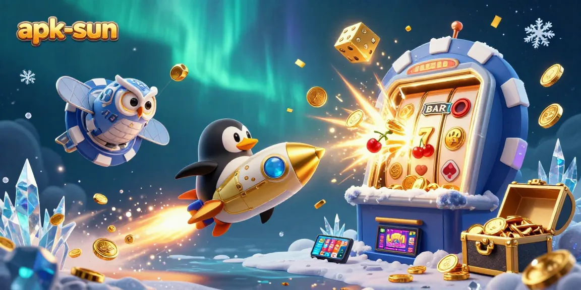 Experience exhilarating gaming with apk-sun's vibrant casino-themed 3D illustration showcasing a golden penguin and slot machine.