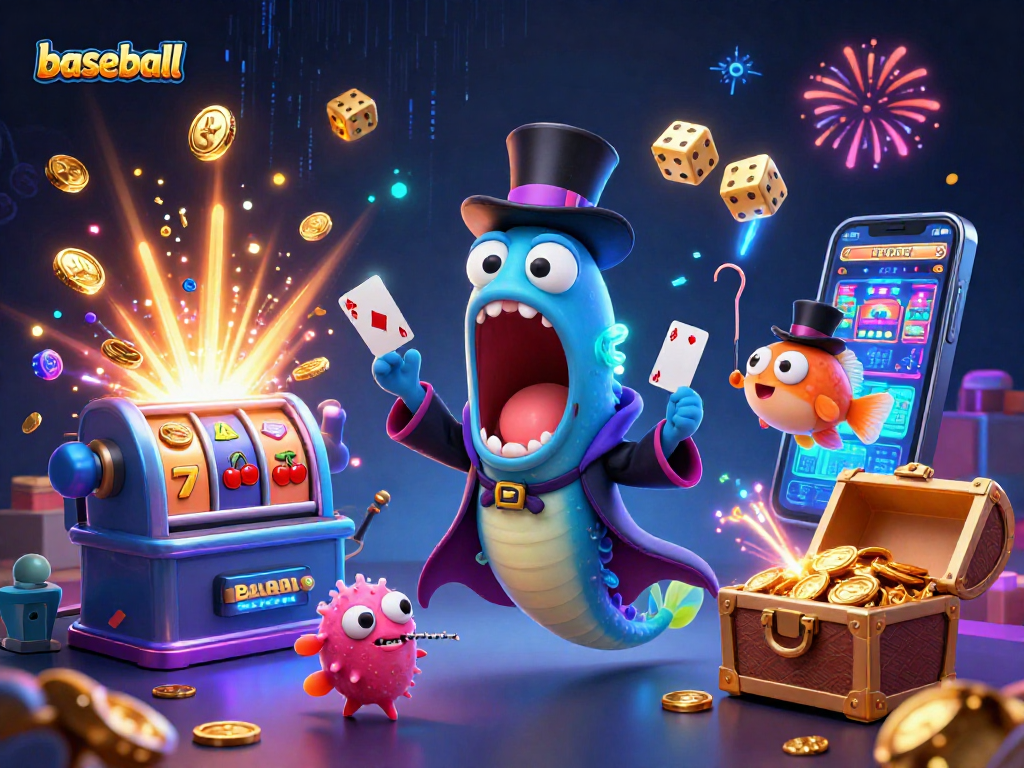 Baseball-themed gambling illustration showcasing vibrant 3D deep-sea characters engaging with casino elements.